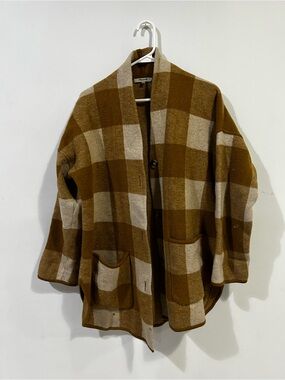 Madewell Camel and Cream Plaid Shawl Cardigan